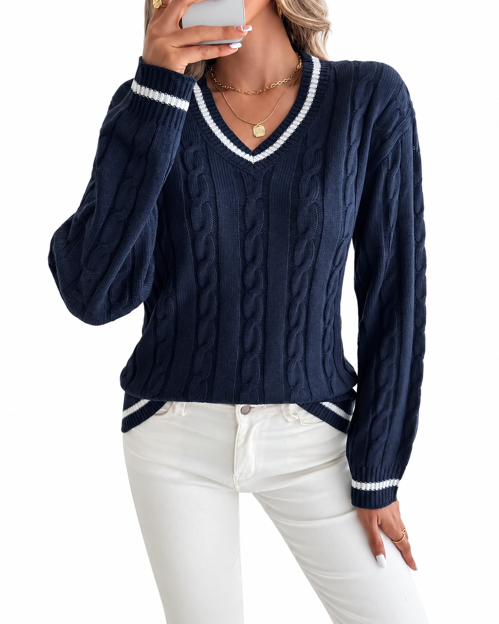 Navy Cable-Knit Cricket Jumper with Stripe Trim – view 2