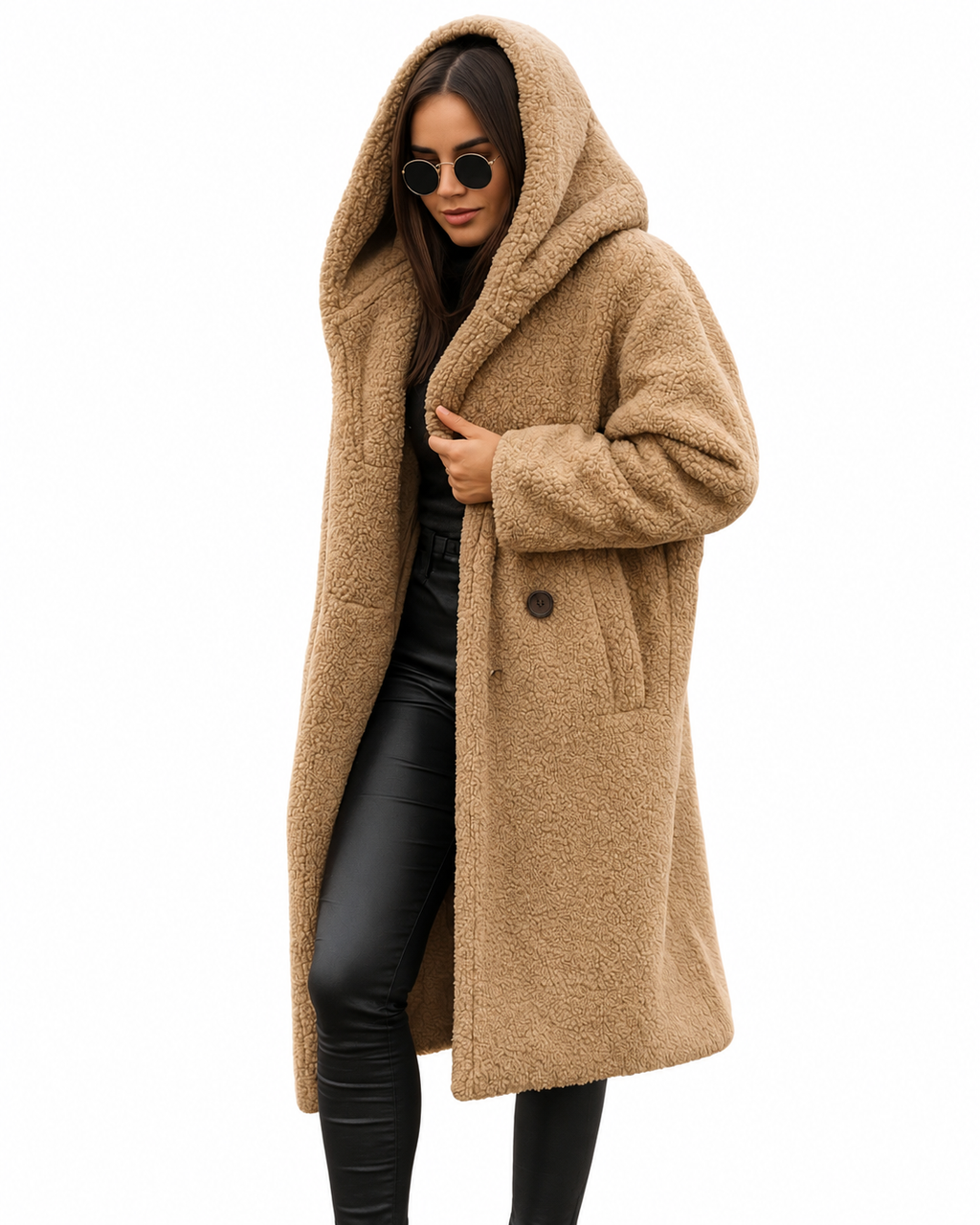 Beige Long Hooded Teddy Coat – view 2