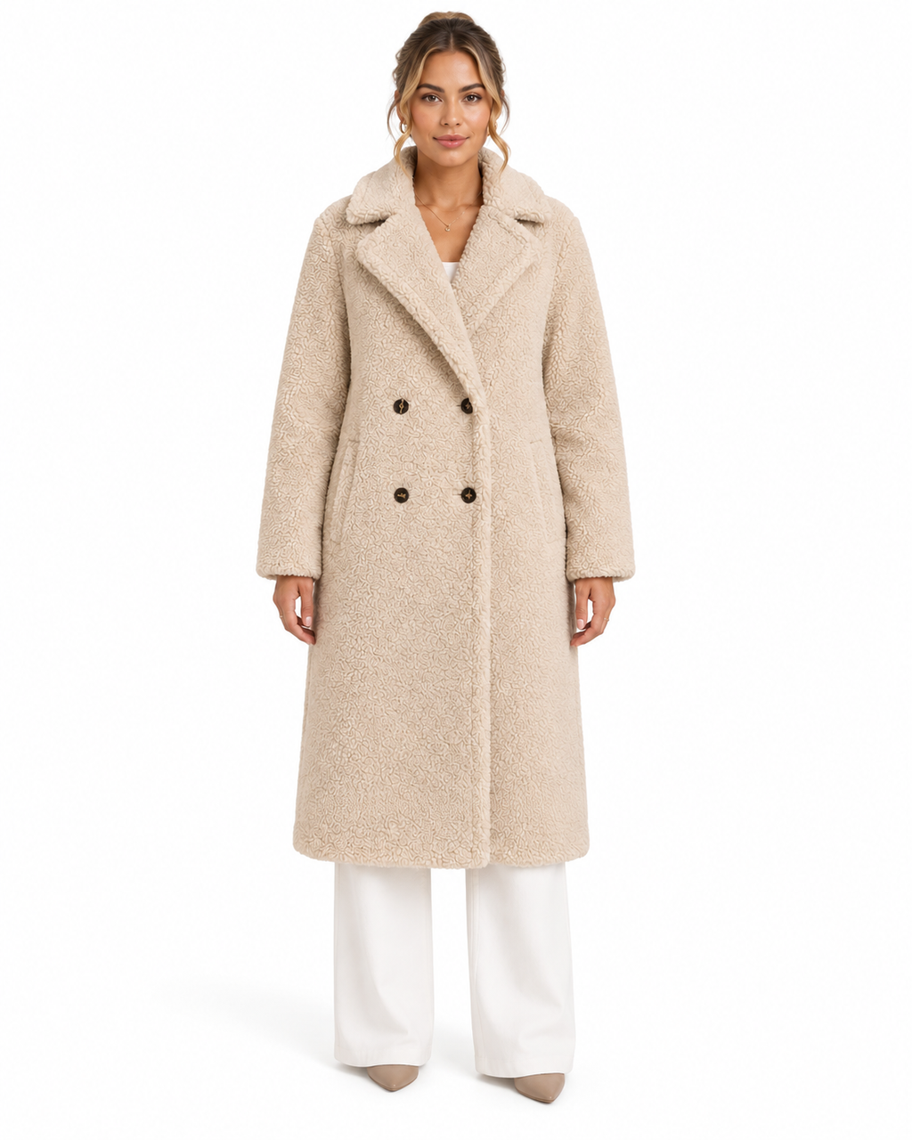Beige Double-Breasted Long Teddy Coat – view 2