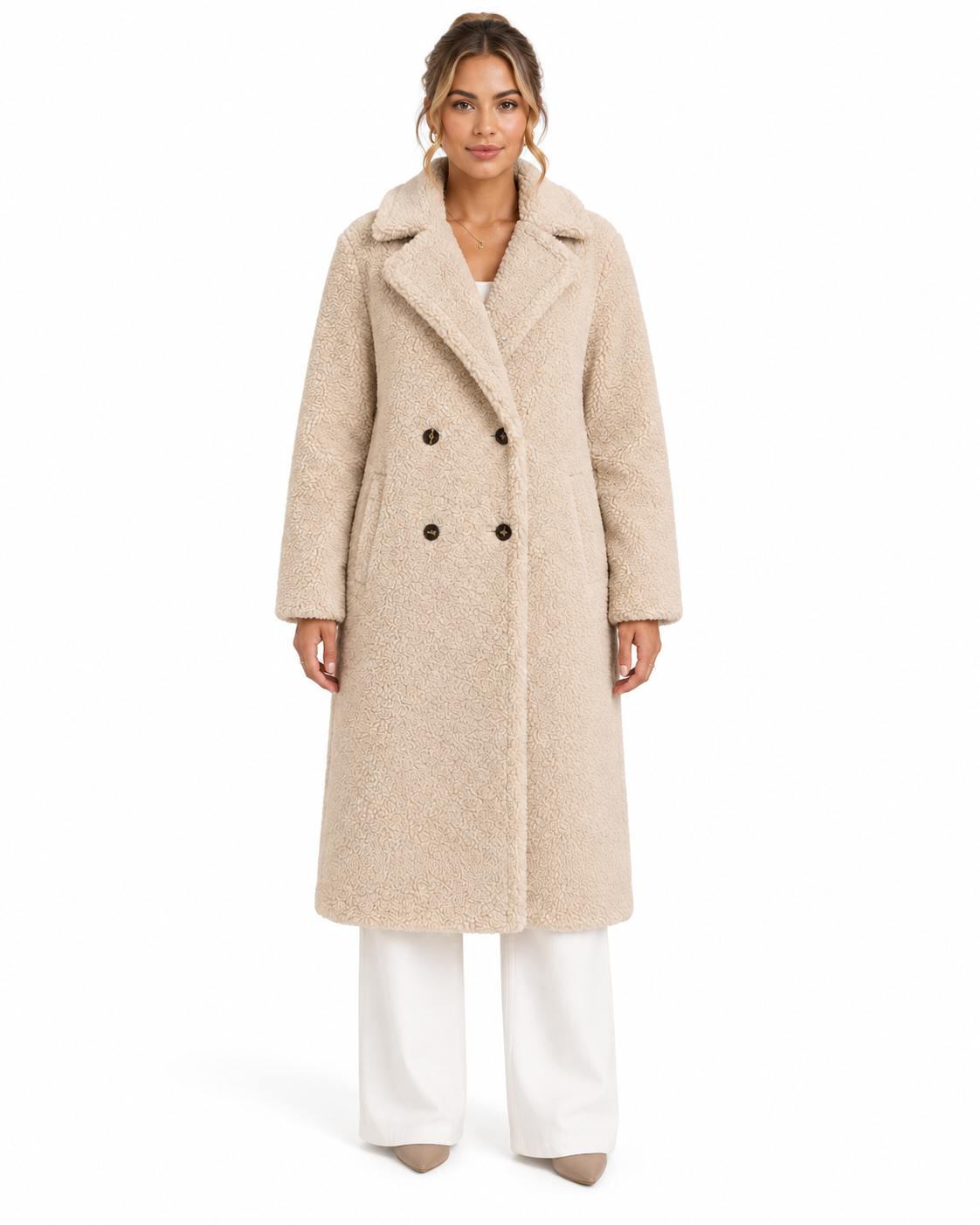 Beige Double-Breasted Long Teddy Coat – view 2