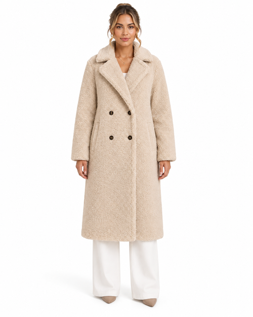 Beige Double-Breasted Long Teddy Coat – view 2