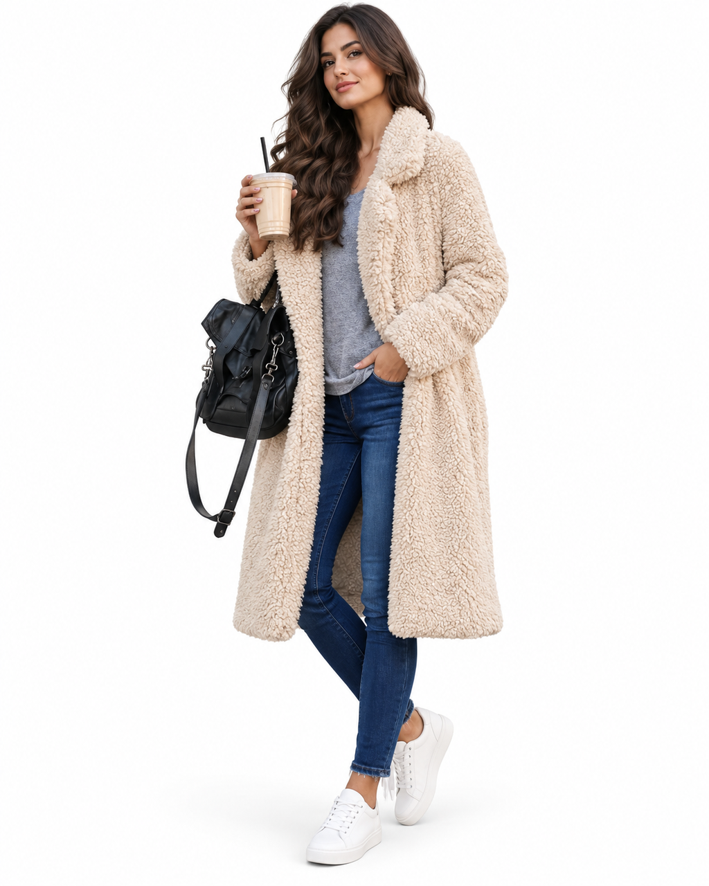 Beige Longline Open-Front Sherpa Teddy Coat – view 2
