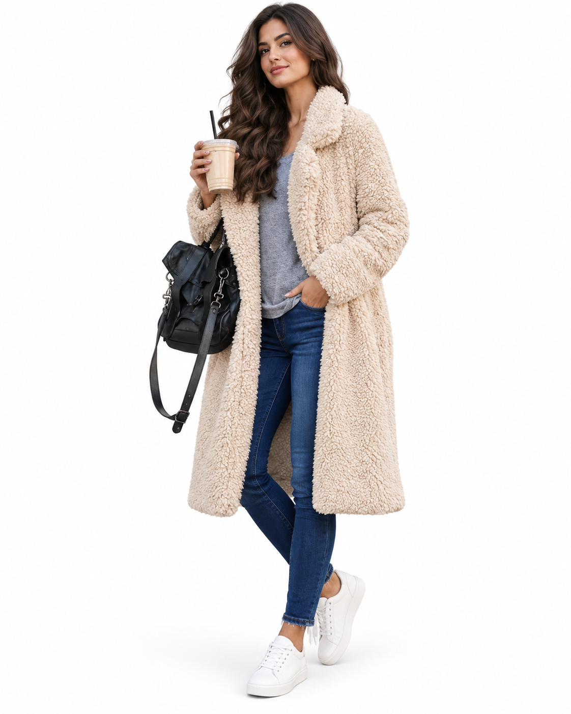 Beige Longline Open-Front Sherpa Teddy Coat – view 2