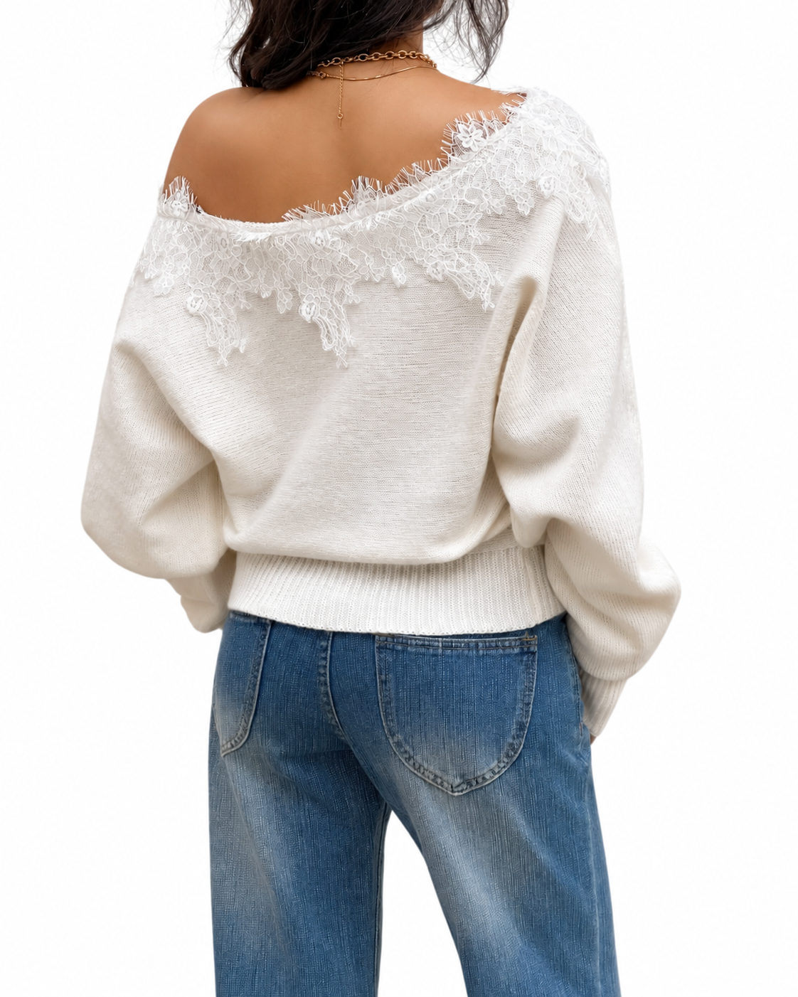 Ivory Off-Shoulder Lace-Trim Cropped Jumper – view 2