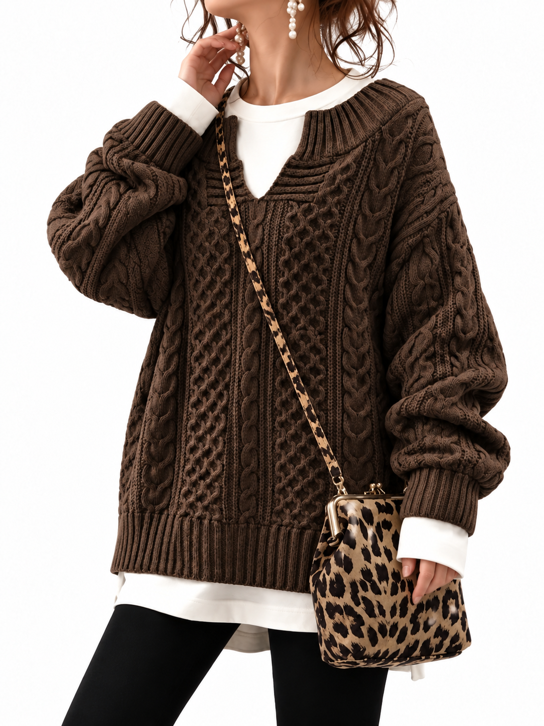 Brown Oversized Cable-Knit Split-Neck Jumper – view 2