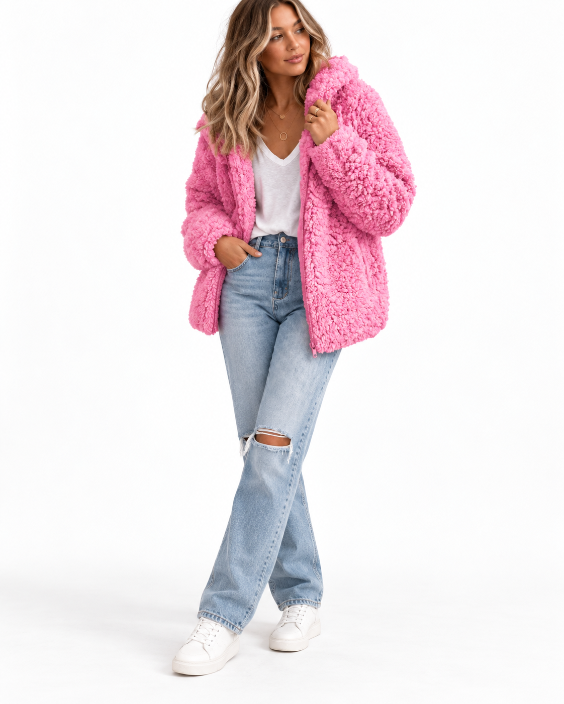 Pink Hooded Zip-Up Teddy Jacket – view 2