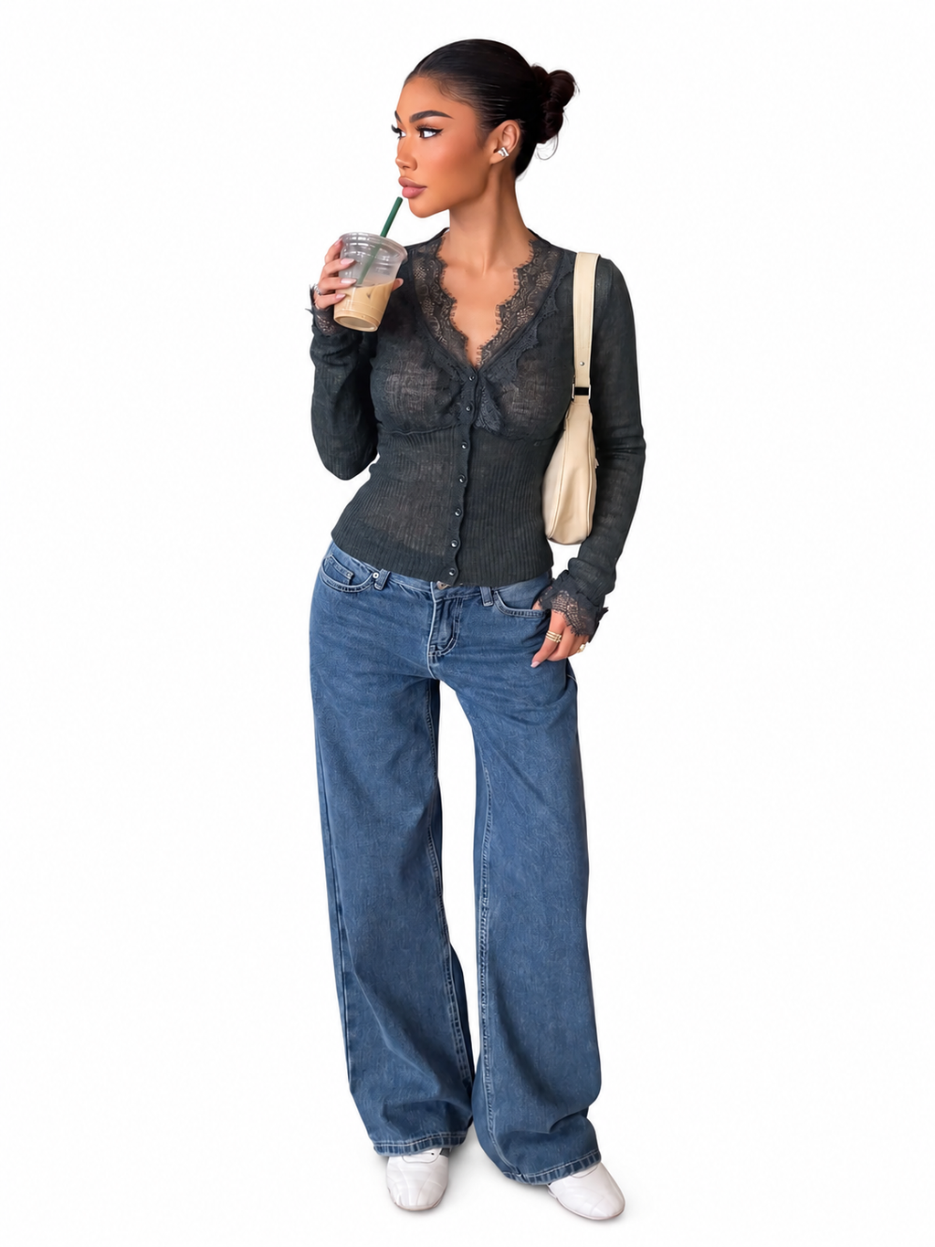 Black Sheer-Knit Lace-Trim V-Neck Cardigan – view 2