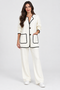 Ivory Knit Jacket and Wide-Leg Trouser Set with Black Trim