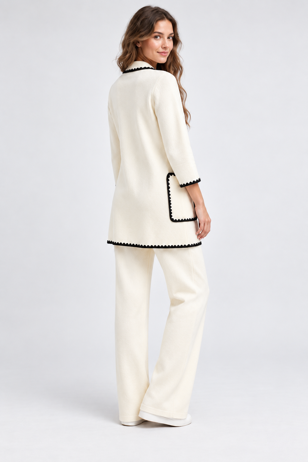 Ivory Knit Jacket and Wide-Leg Trouser Set with Black Trim – view 2
