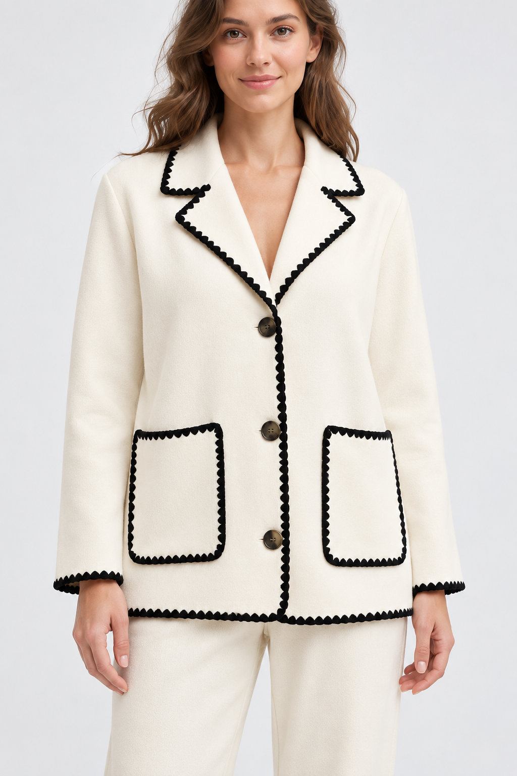 Ivory Knit Jacket and Wide-Leg Trouser Set with Black Trim – view 3
