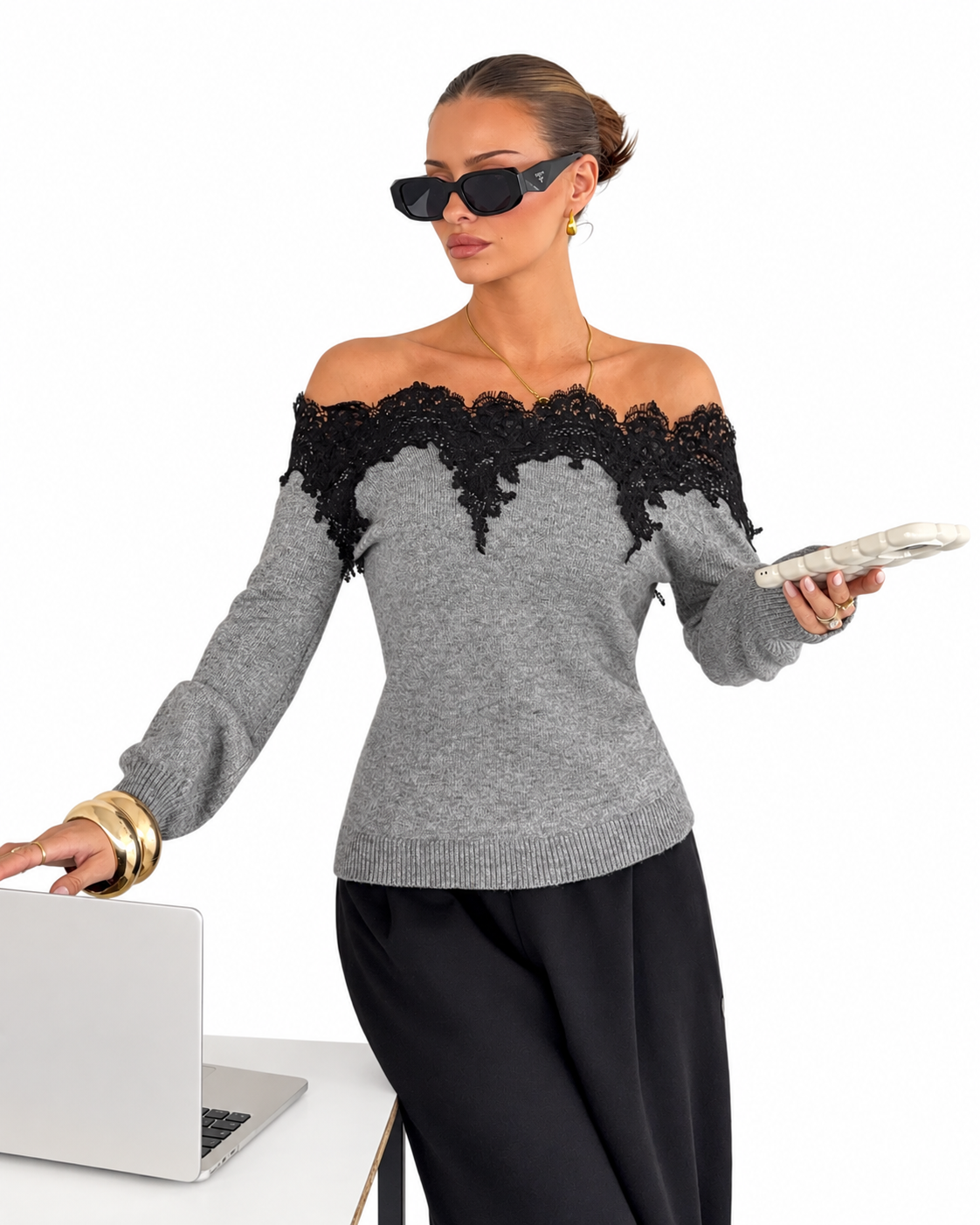 Grey Off-Shoulder Cropped Jumper with Black Lace Appliqué – view 3