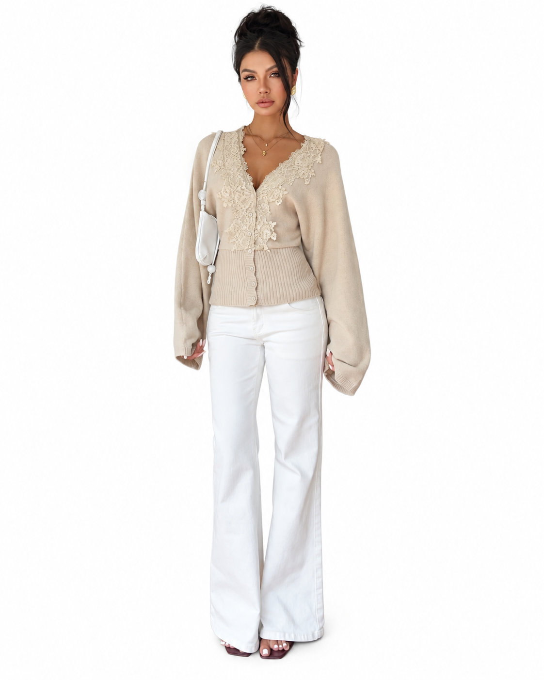 Oatmeal Lace-Trim V-Neck Fluffy Cardigan – view 3