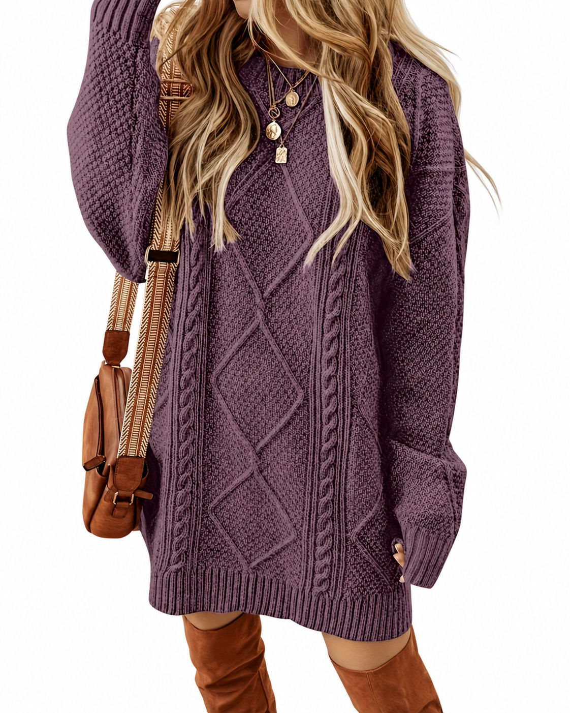 Plum Cable-Knit Oversized Jumper Dress – view 3