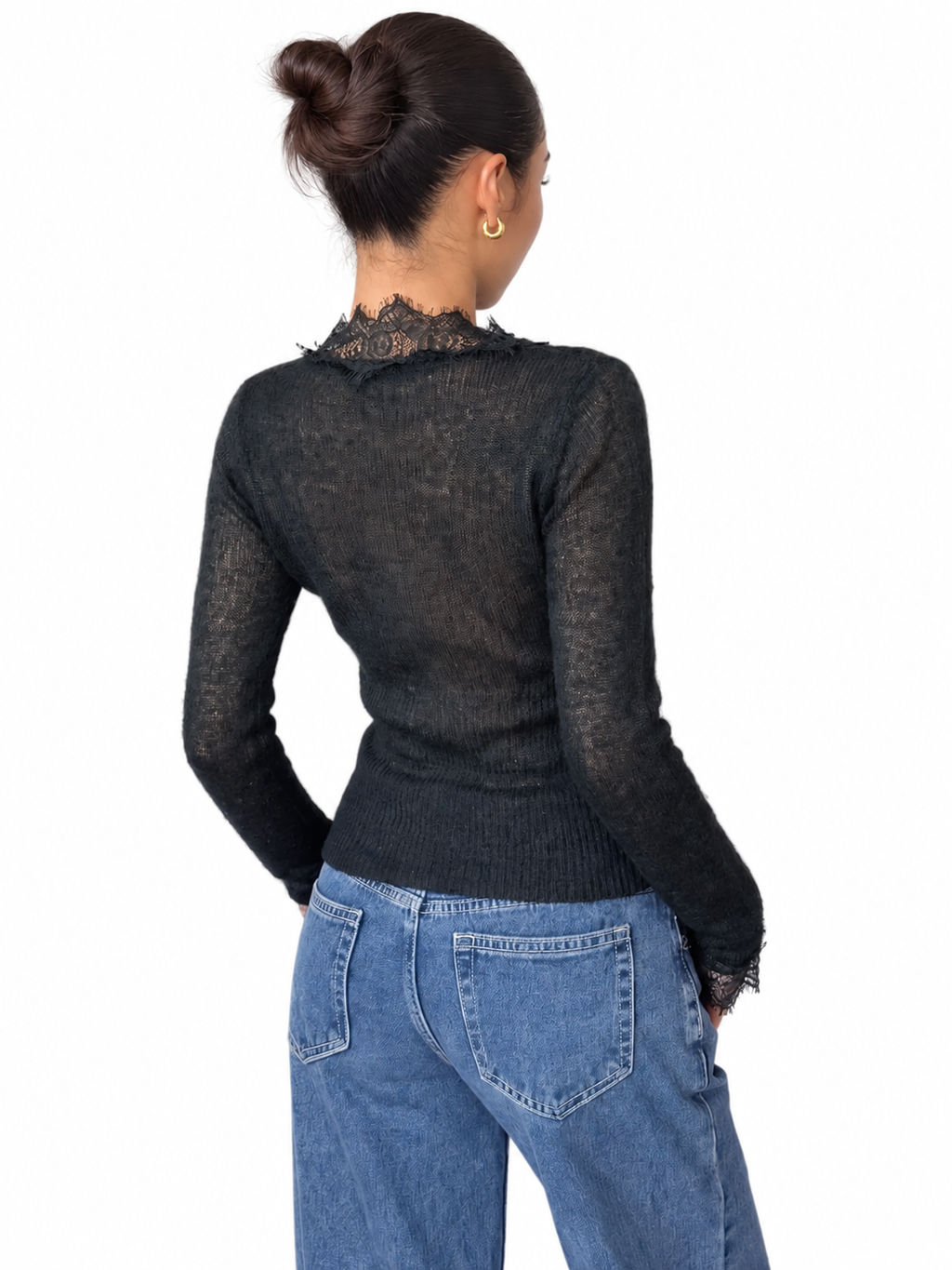 Black Sheer-Knit Lace-Trim V-Neck Cardigan – view 3
