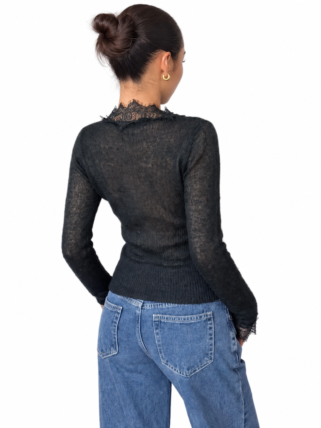 Black Sheer-Knit Lace-Trim V-Neck Cardigan – view 3