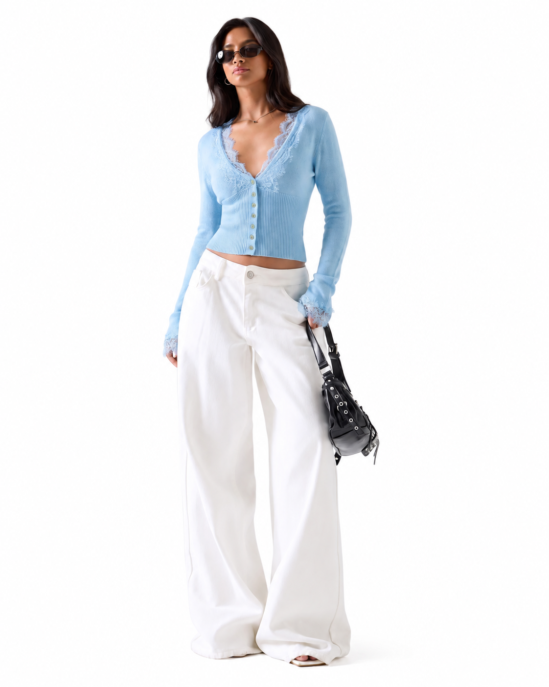 Light Blue Lace-Trim V-Neck Cropped Cardigan – view 3