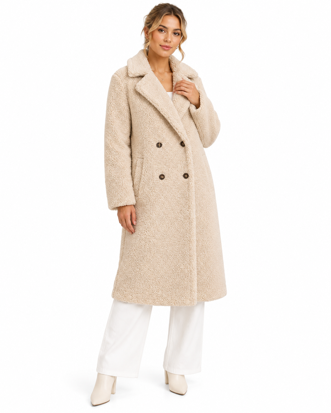 Beige Double-Breasted Long Teddy Coat – view 3