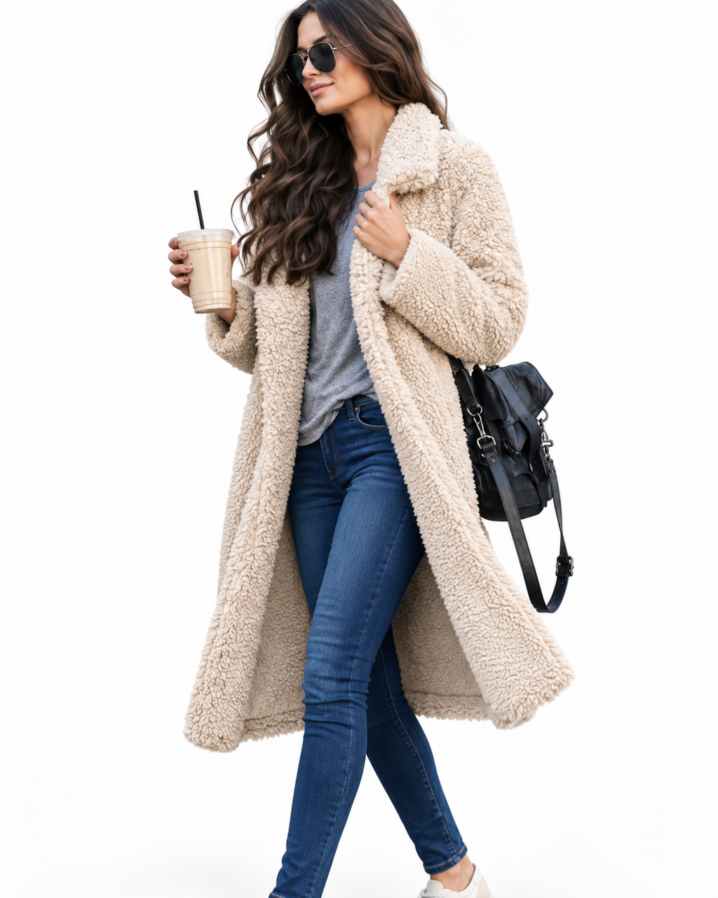 Beige Longline Open-Front Sherpa Teddy Coat – view 3