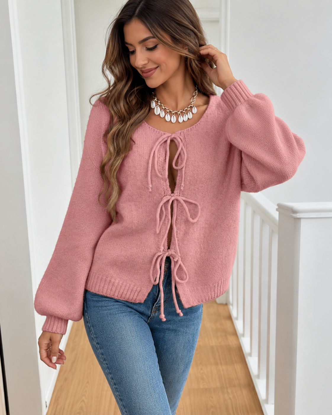 Pink Bow-Front Puff-Sleeve Cardigan – view 2