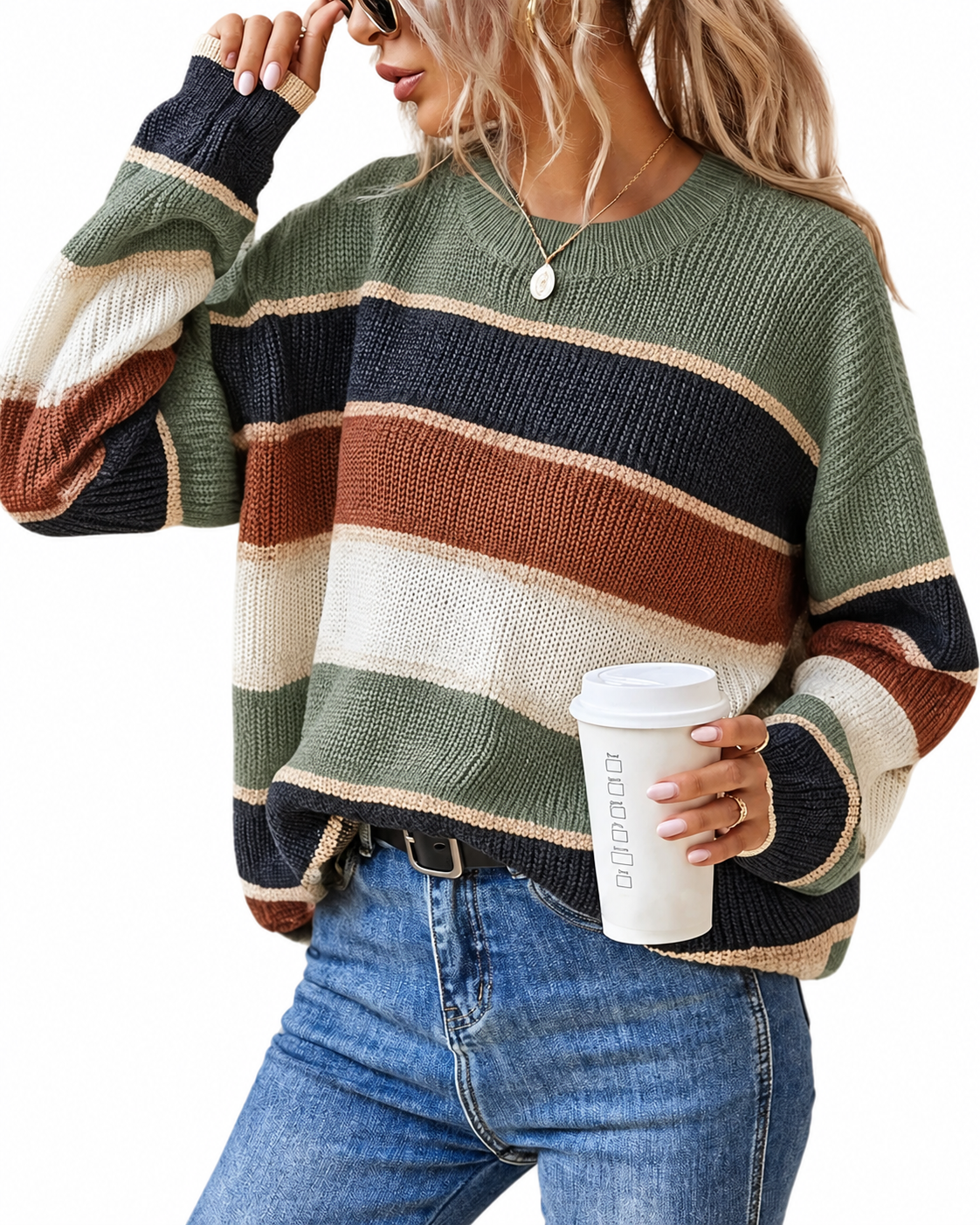 Sage Multi-Stripe Oversized Crew-Neck Jumper – view 3