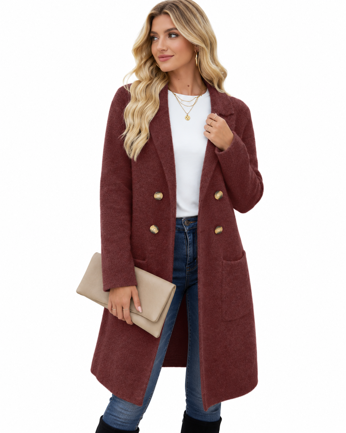 Burgundy Double-Breasted Longline Knit Coat – view 3