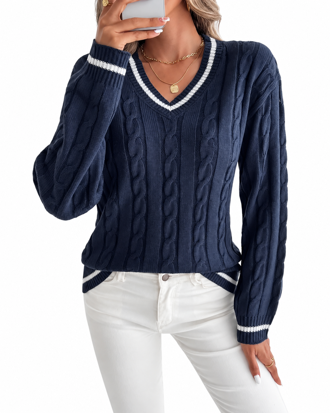 Navy Cable-Knit Cricket Jumper with Stripe Trim – view 3