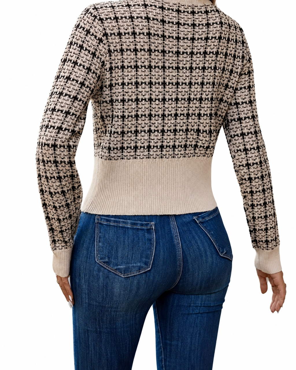 Beige Houndstooth Cardigan with Gold Buttons – view 3