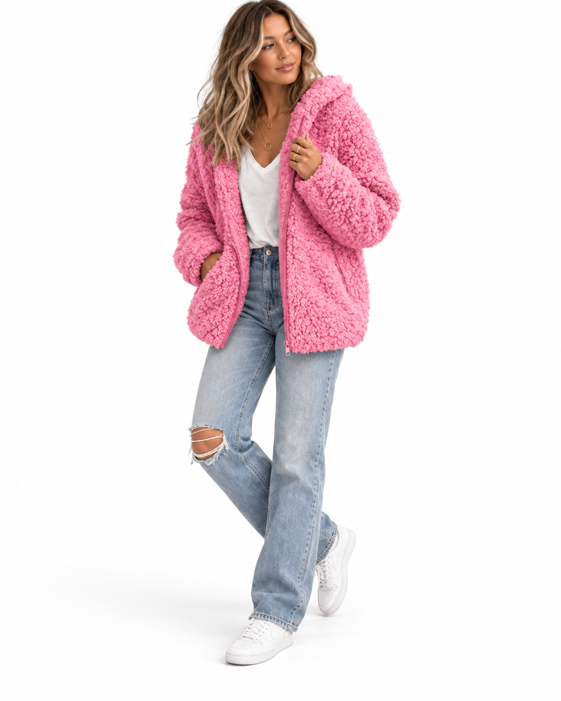 Pink Hooded Zip-Up Teddy Jacket – view 3