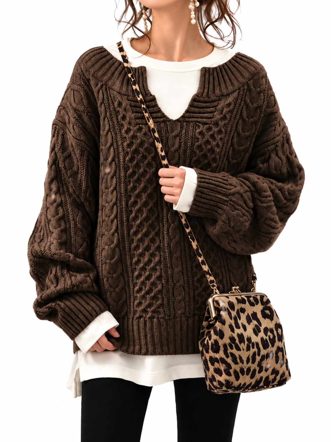 Brown Oversized Cable-Knit Split-Neck Jumper – view 3