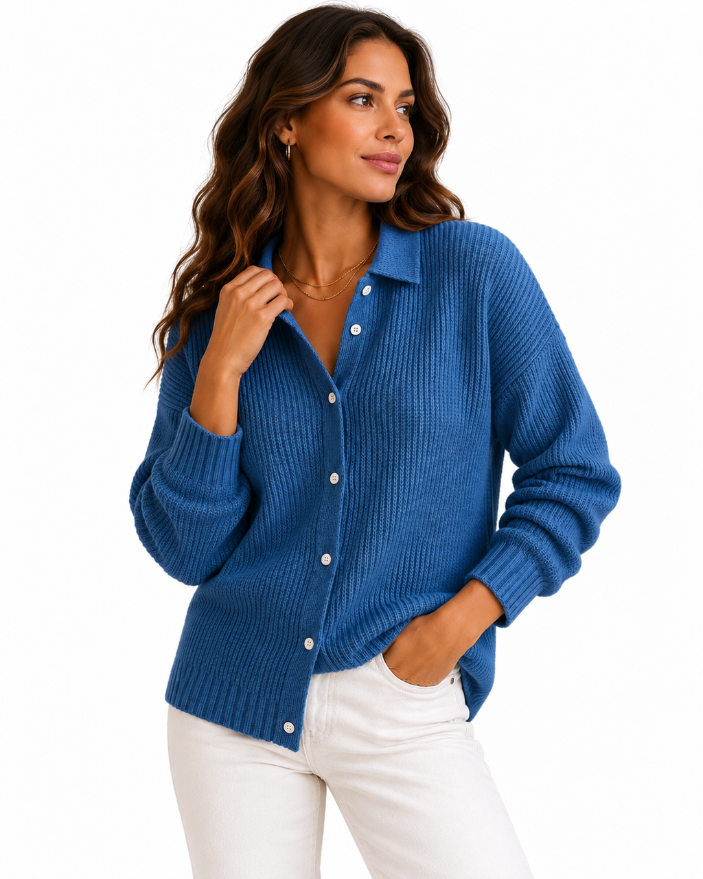 Cobalt Blue Ribbed-Knit Shirt-Collar Cardigan – view 3
