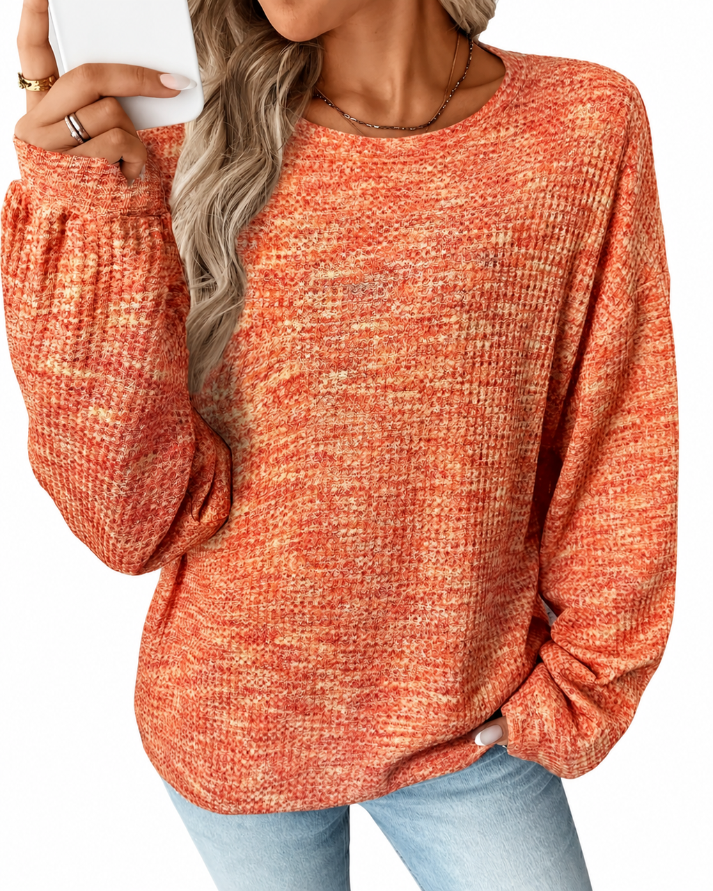 Orange Waffle-Knit Puff-Sleeve Jumper – view 3