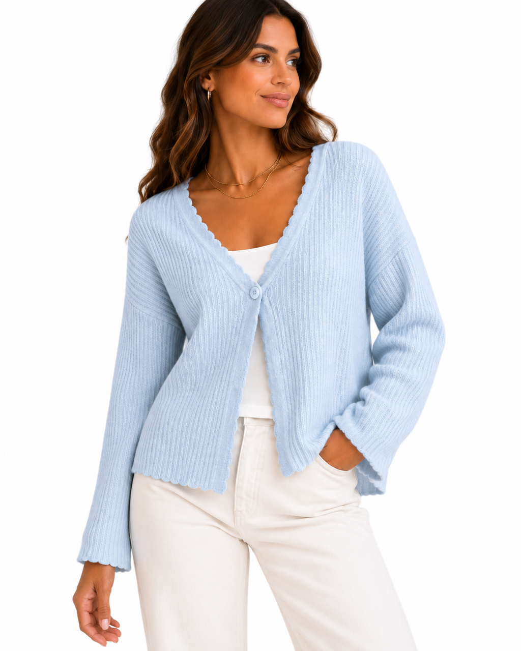 Light Blue Scallop-Edge Ribbed V-Neck Cardigan – view 3