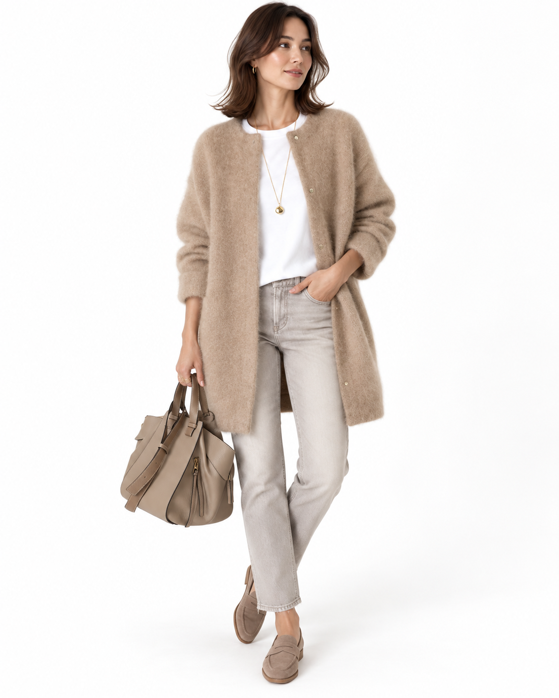 Beige Oversized Fluffy Snap-Front Cardigan – view 3