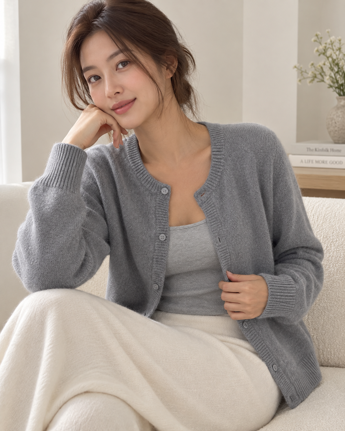 Slate Grey Brushed-Knit Crew-Neck Cardigan – view 2