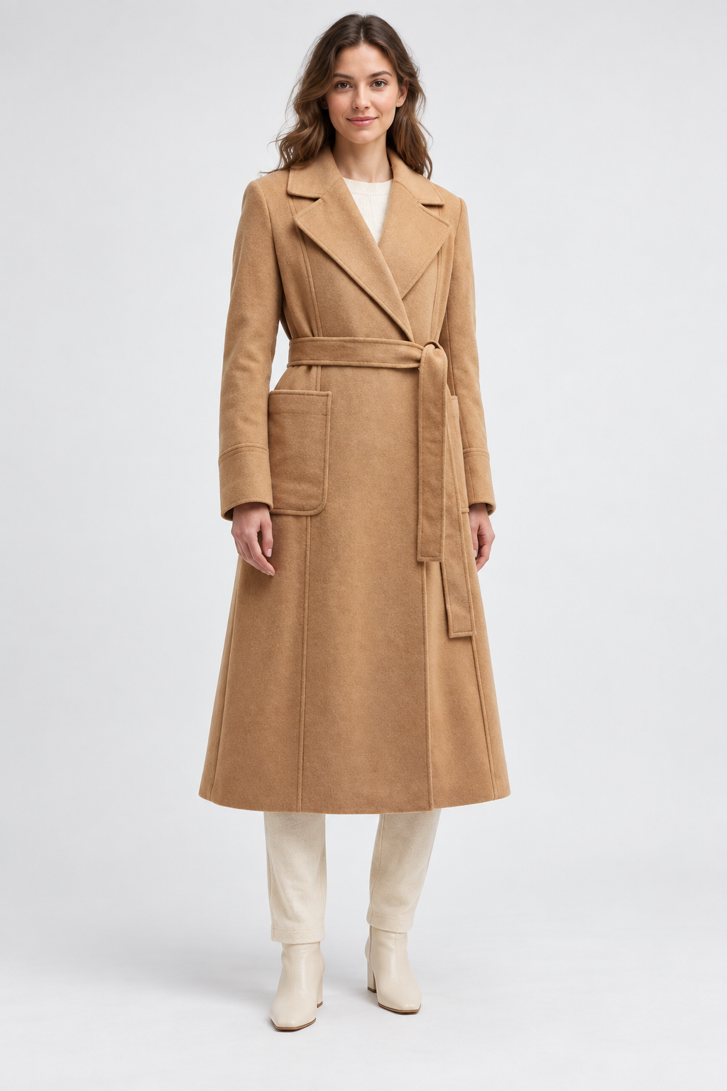 Camel Belted Wrap Coat with Wide Lapels