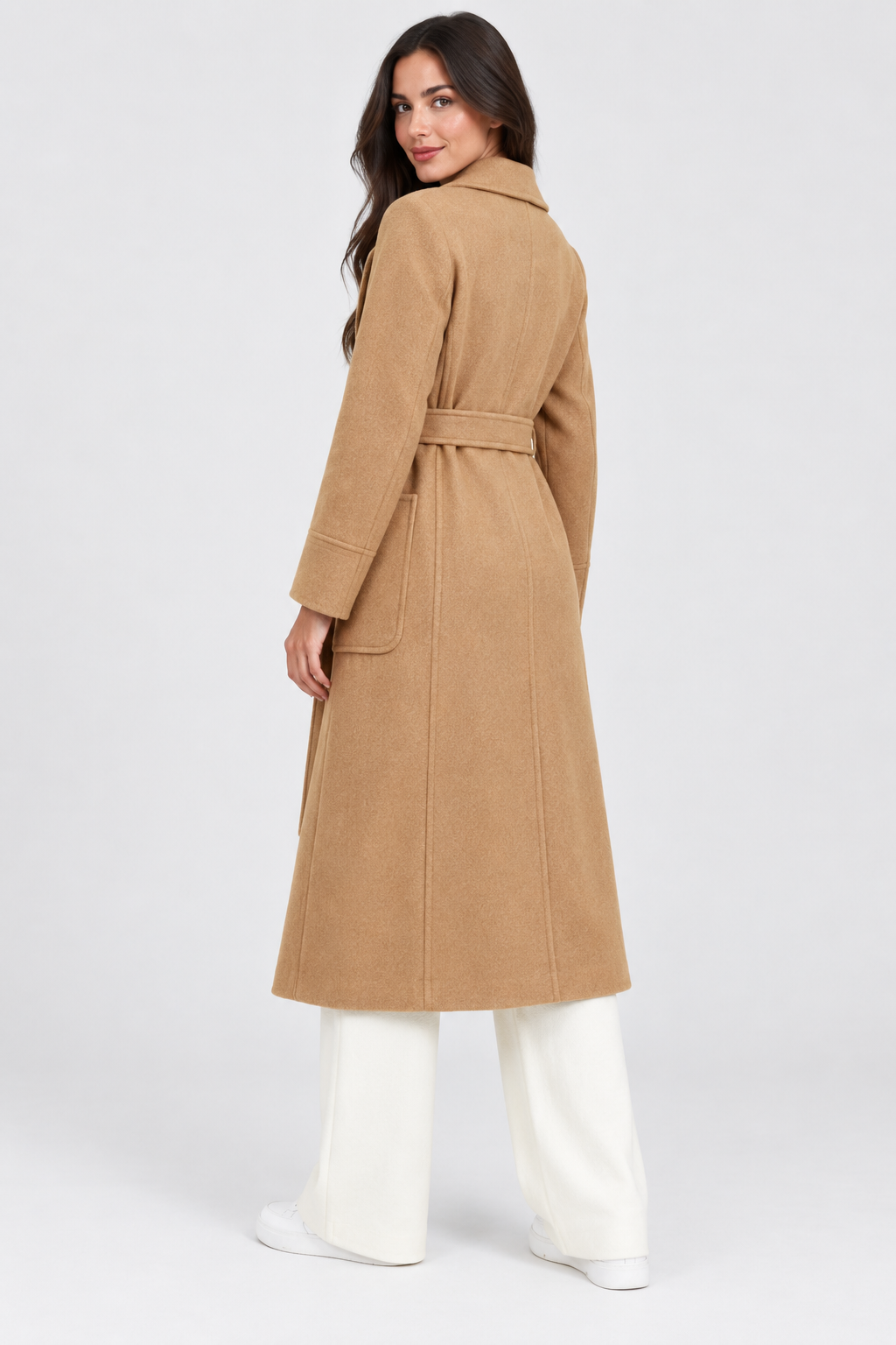 Camel Belted Wrap Coat with Wide Lapels – view 2