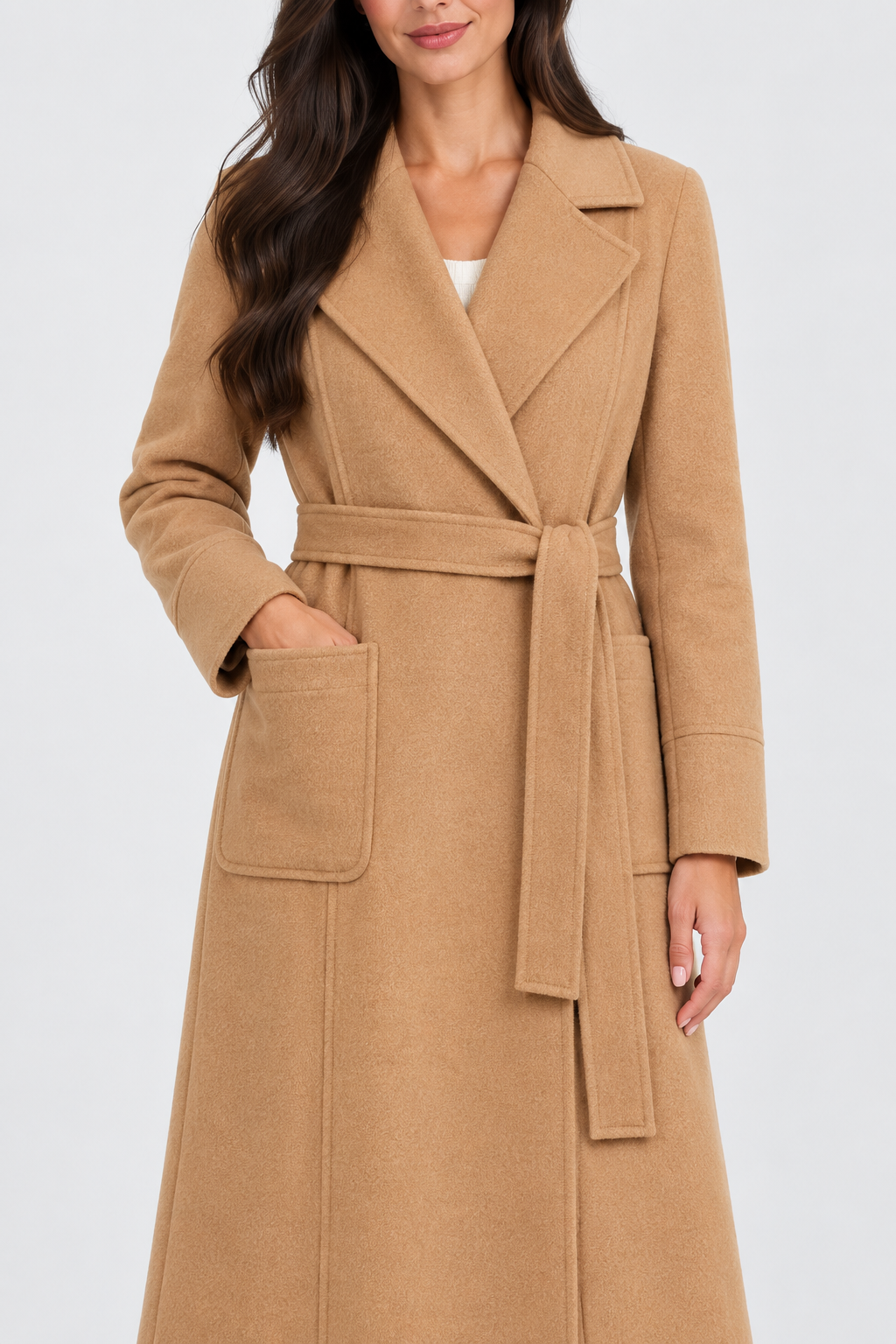 Camel Belted Wrap Coat with Wide Lapels – view 3