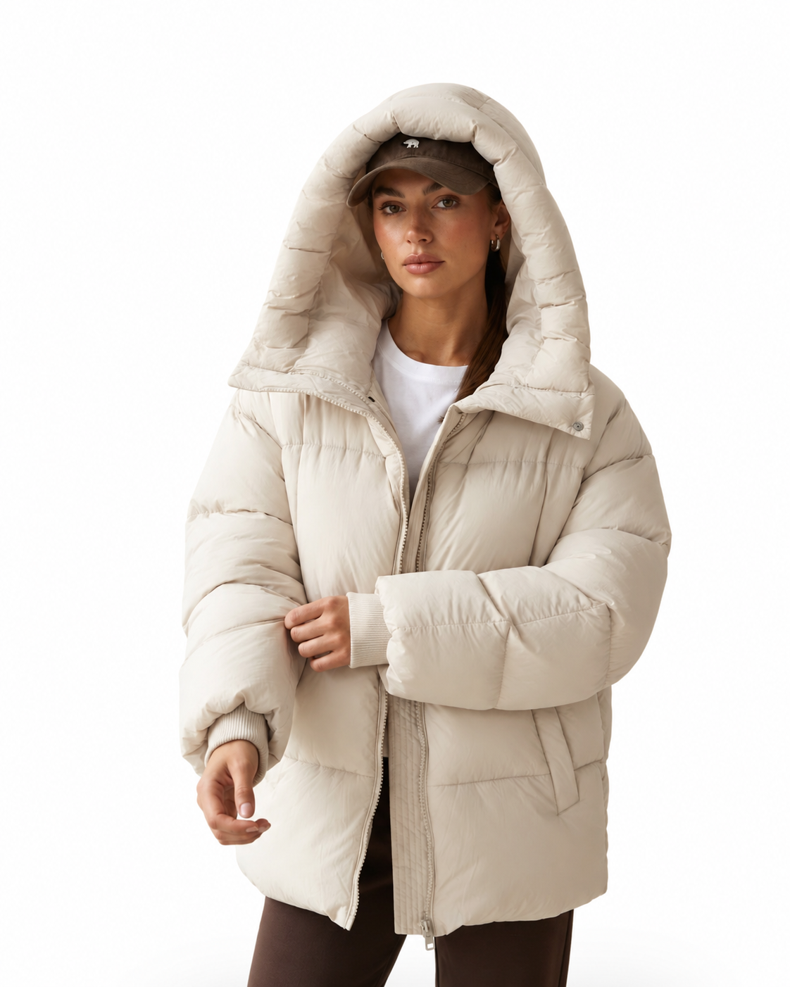 Cream Oversized Hooded Puffer Jacket