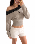 Taupe One-Shoulder Cropped Jumper with Black Lace Trim