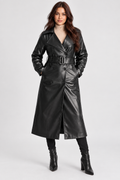 Black Faux Leather Double-Breasted Trench Coat