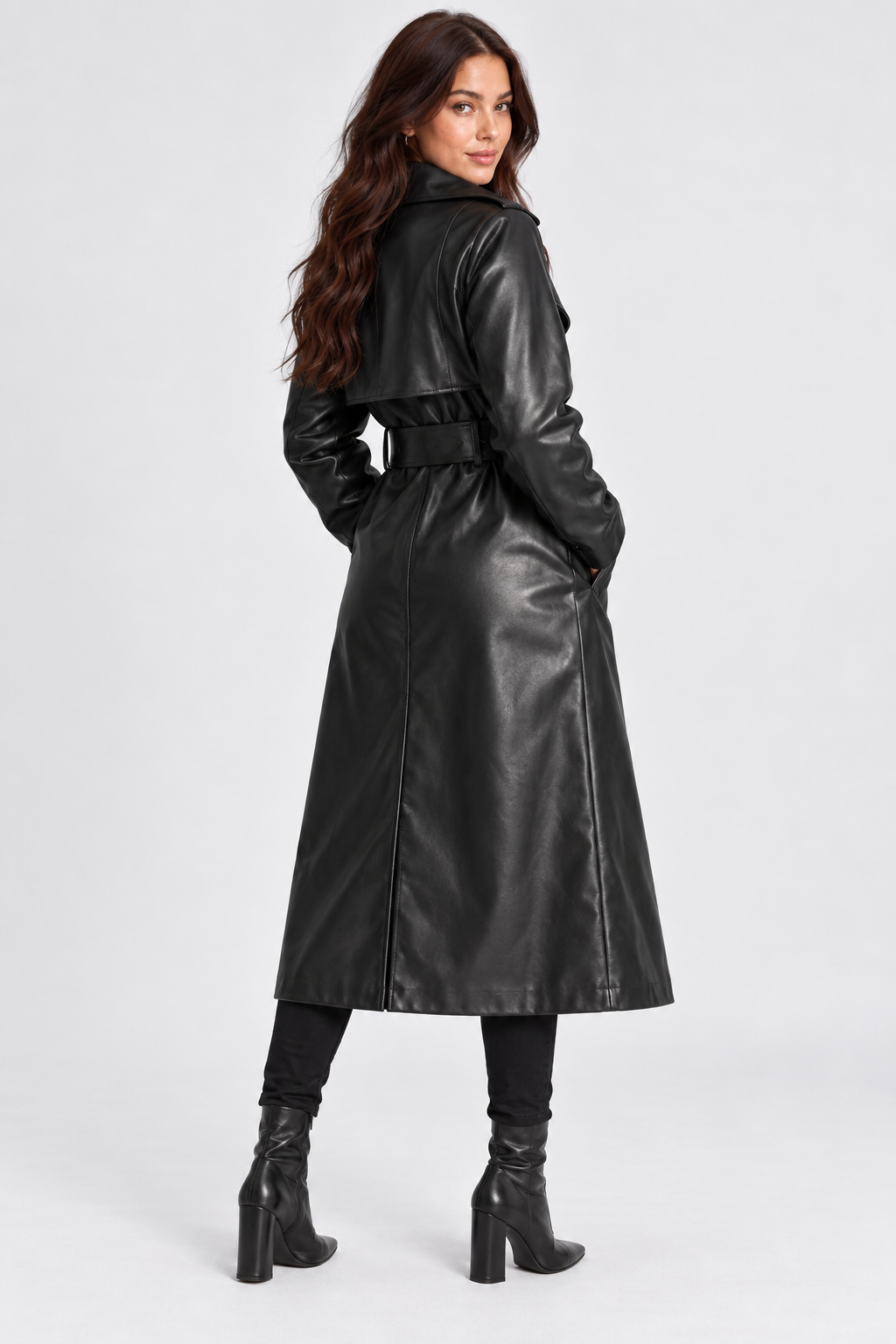Black Faux Leather Double-Breasted Trench Coat – view 2