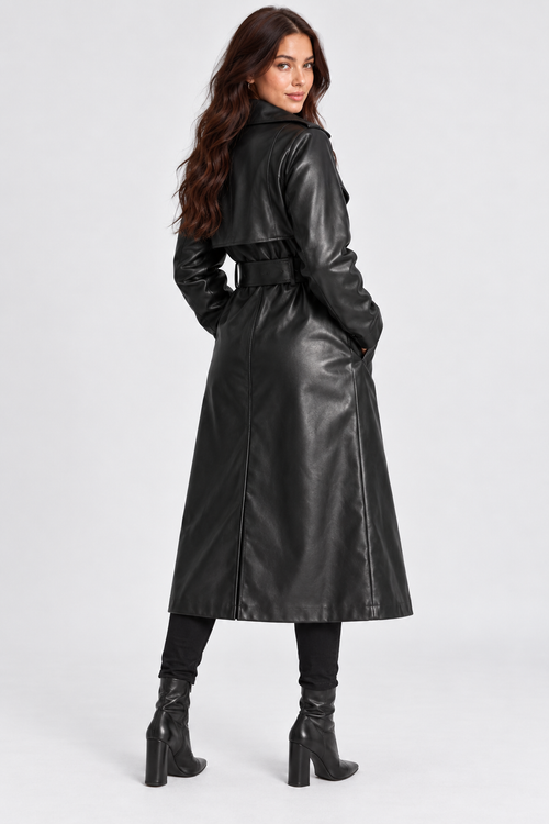 Black Faux Leather Double-Breasted Trench Coat – view 2