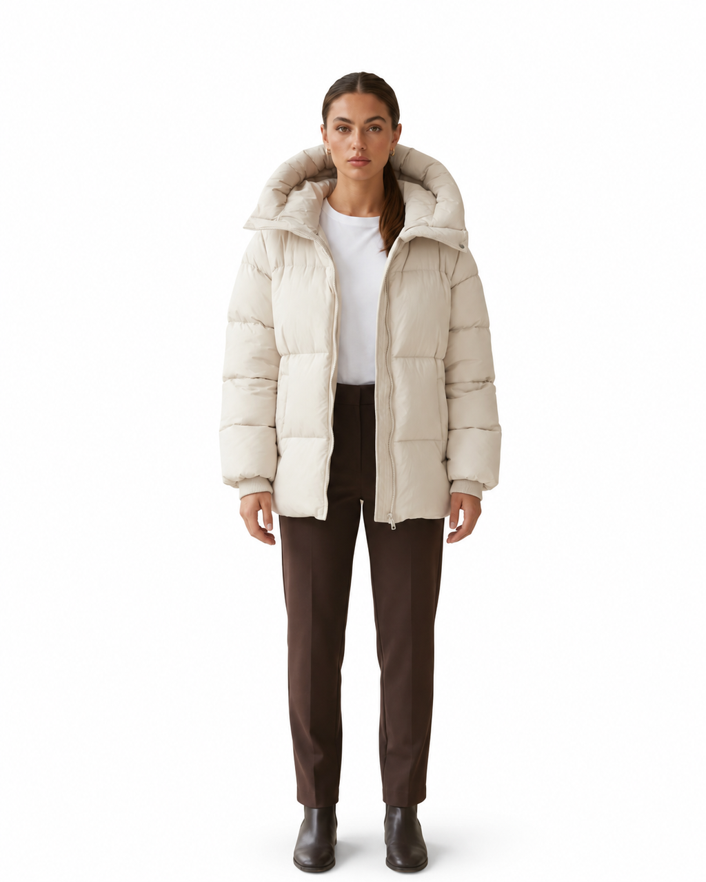 Cream Oversized Hooded Puffer Jacket – view 3