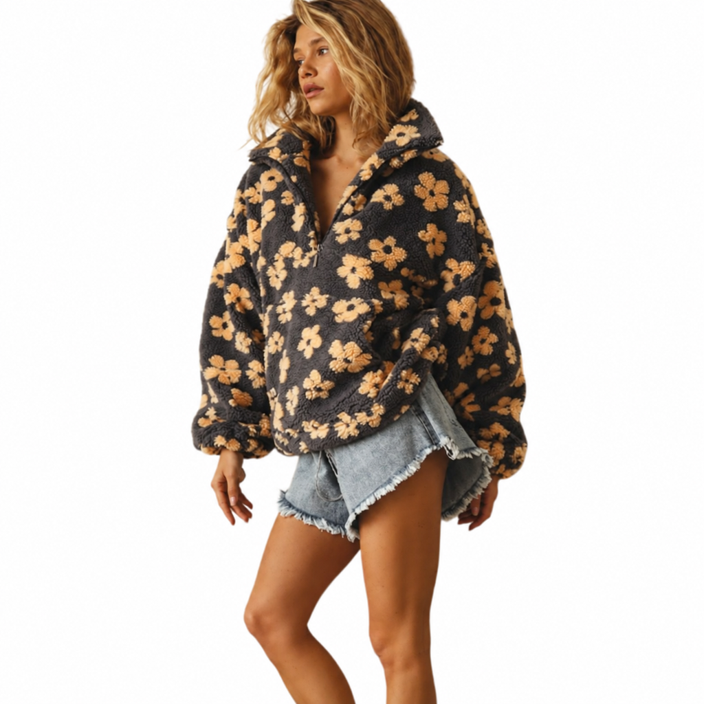 Charcoal Floral Teddy Fleece Half-Zip Top – view 3