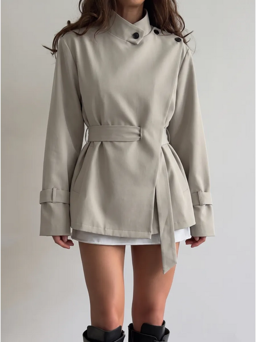 Beige Cropped Belted Wrap Trench Coat – view 2