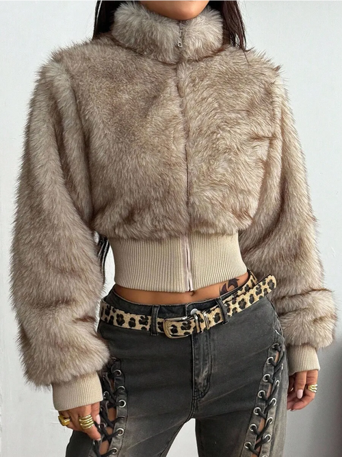 Beige Cropped Faux Fur Jacket