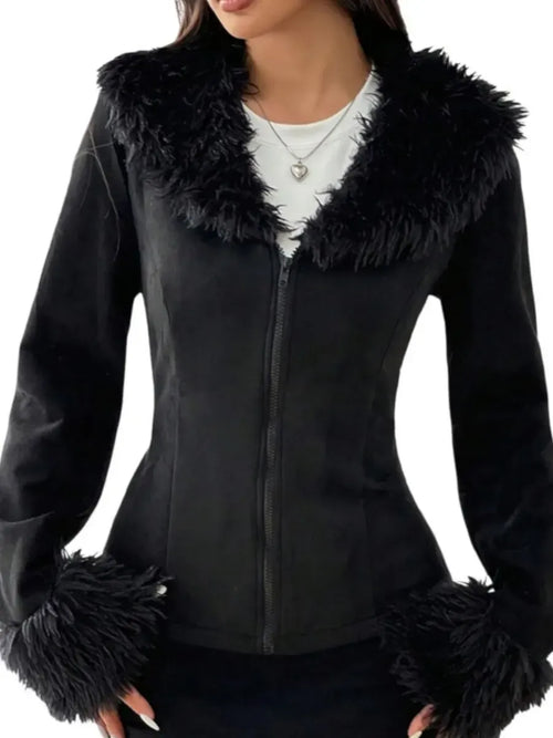 Black Faux Fur Trim Zip Sweat Top
