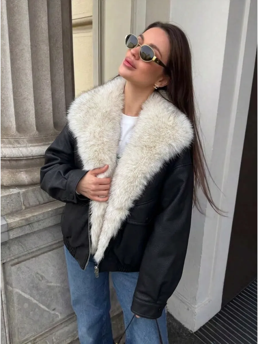 Black Faux Leather Bomber with Faux Fur Collar – view 2