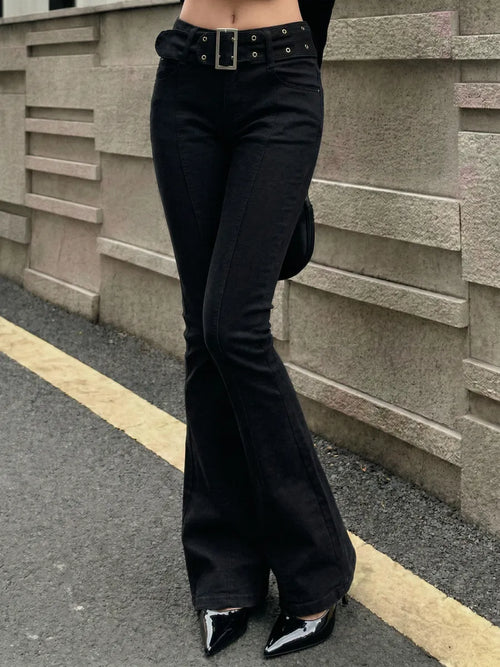 Black Low-Rise Flared Jeans with Front Crease