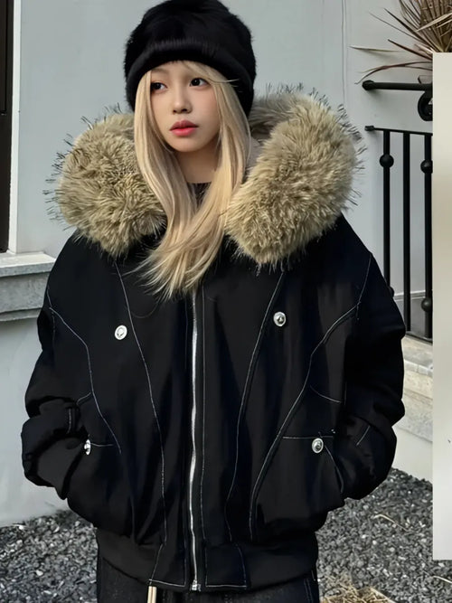 Black Oversized Faux Fur Bomber